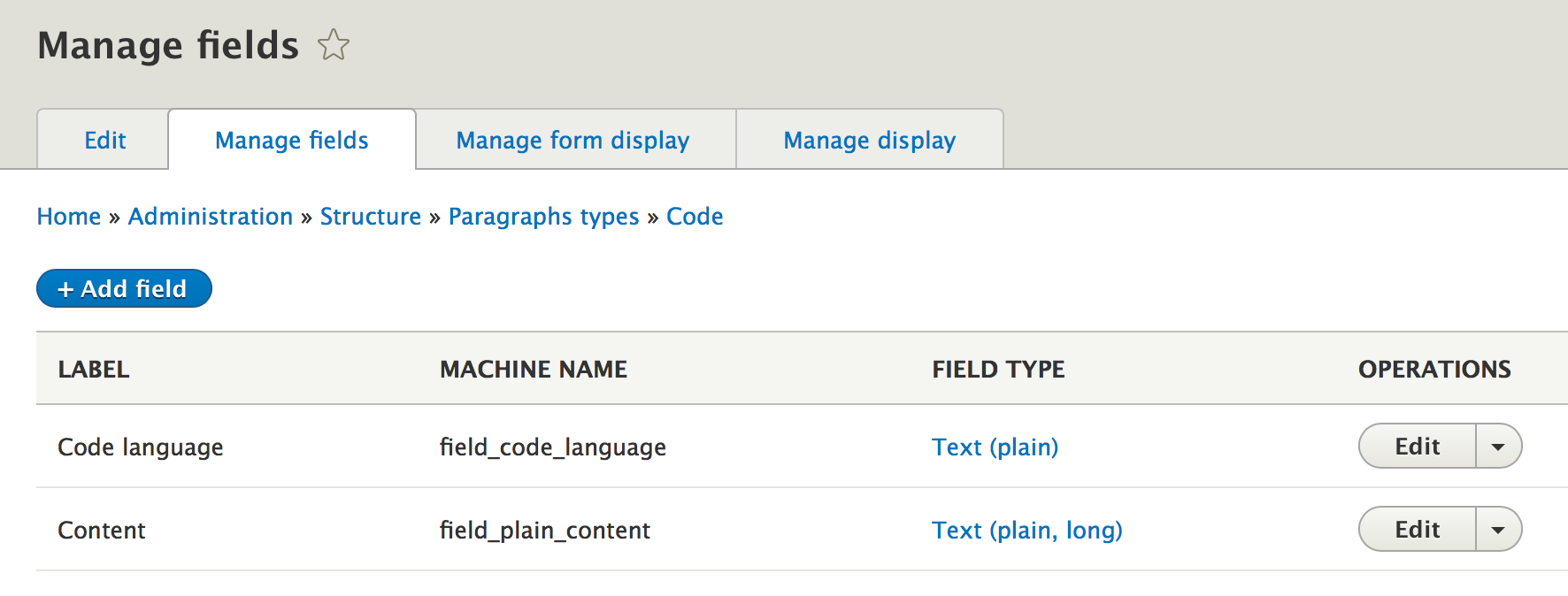 Code Paragraphs type fields